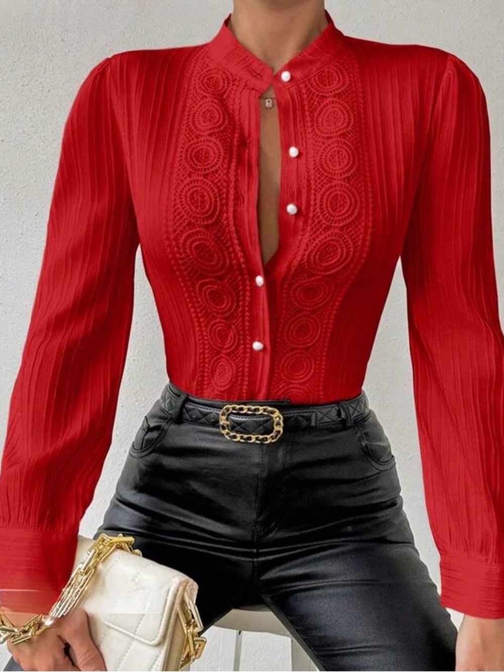 Red Lace-Detail Button Front Women's Top